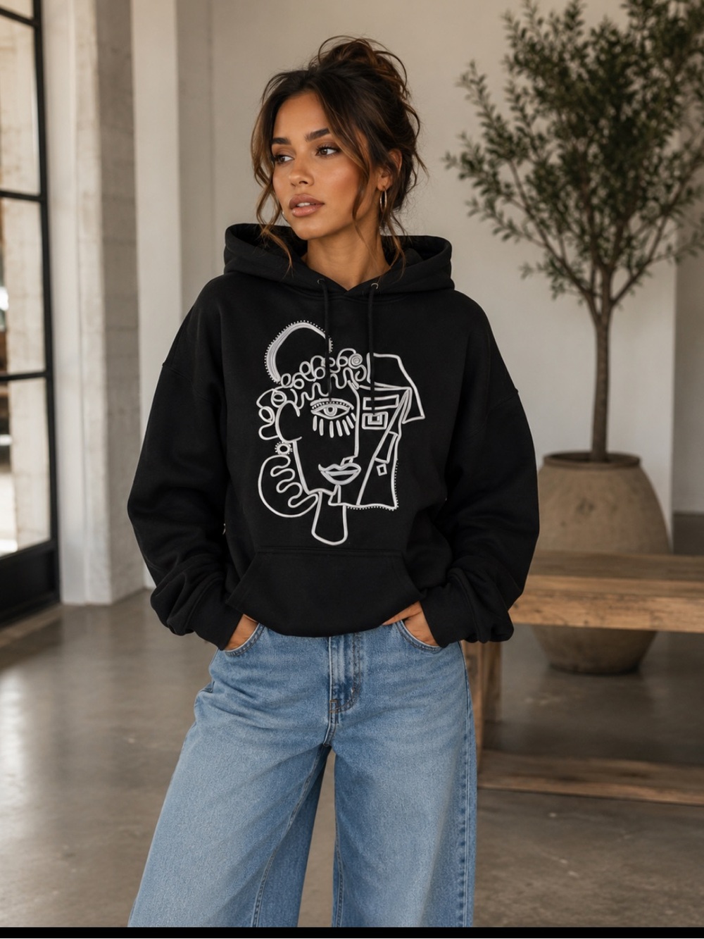 FROM PARIS FRANCE 🇫🇷 Black Graphic Line Art Hoodie